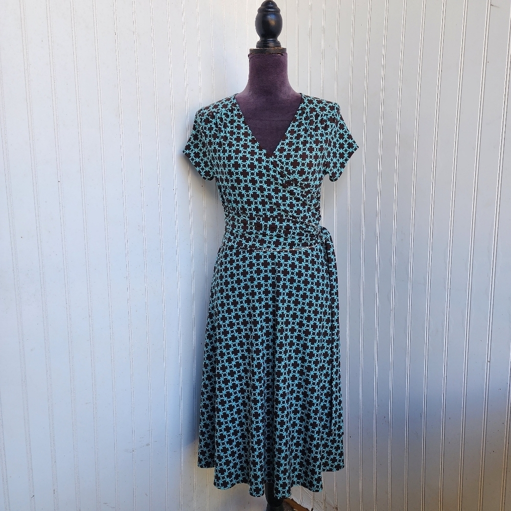 Harold's Midi Dress Women's Faux Wrap Green Brown Careercore Stretch Sz S